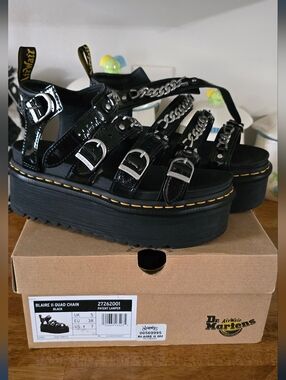 Dr. Martens Blaire II Quad Chain Black Patent Platform Sandals